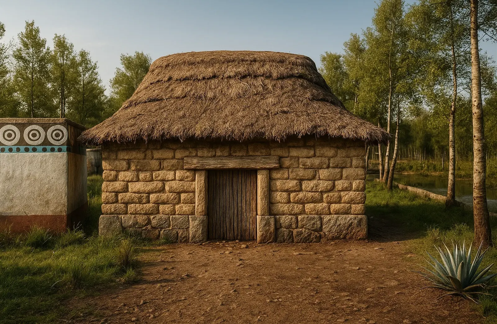 Render de una casa de piedra con techo de zacate junto a un canal, al lado de un muro pintado con círculos concéntricos